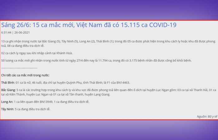 Bản tin chung tay phòng chống dịch covid-19 (26-06-2021)