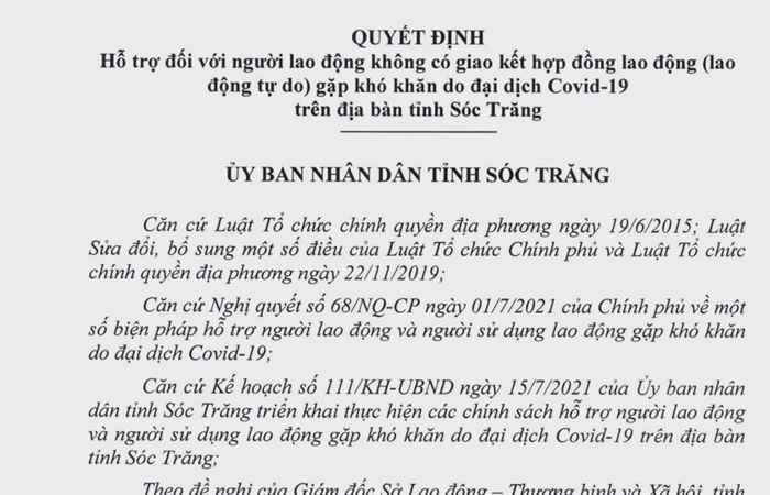 Quyết định hỗ trợ đối với người lao động không có giao kết hợp đồng lao động (lao động tự do) khó khăn do đại dịch covid-19 trên địa bàn tỉnh 