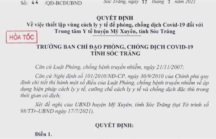 Quyết định số 44 về việc thiết lập vùng cách ly y tế để phòng, chống dịch covid-19 đối với trung tâm y tế huyện Mỹ Xuyên, tỉnh Sóc Trăng