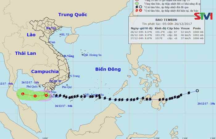 STV - Cập nhật tình hình "BÃO SỐ 16 (TEMBIN)" vào lúc 5h20 ngày 26-12-2017